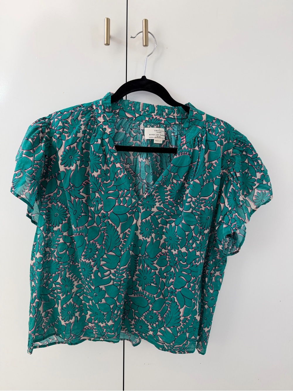 Trovata Teal Floral V-Neck Flutter Sleeve Blouse